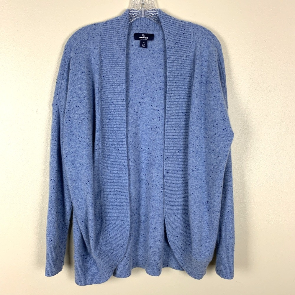 Lands End 100% Cashmere Cocoon Cardigan Sweater Size M Open Front Blue Holiday